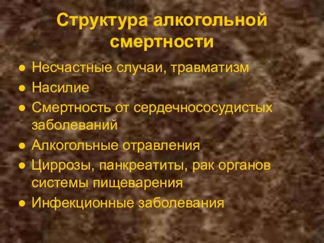 Структура алкогольной смертности Несчастные случаи, травматизм Насилие Смертность от сердечнососудистых