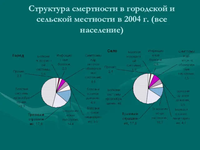 Структура смертности в городской и сельской местности в 2004 г. (все население)