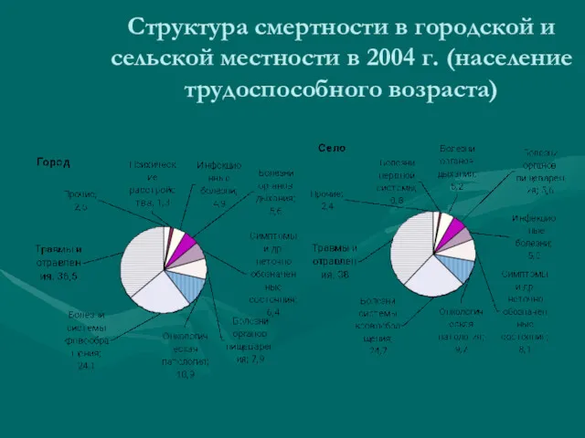 Структура смертности в городской и сельской местности в 2004 г. (население трудоспособного возраста)