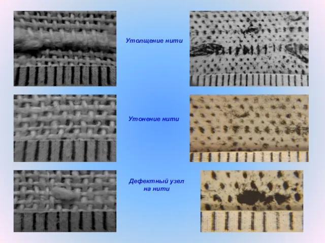 Утолщение нити Утонение нити Дефектный узел на нити