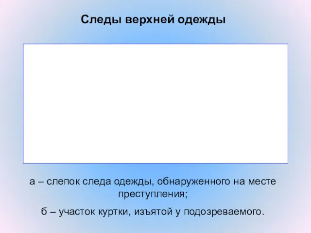 а – слепок следа одежды, обнаруженного на месте преступления; б