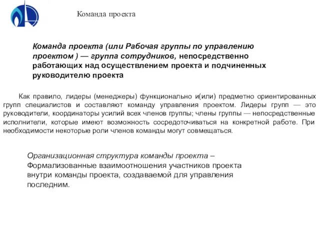 Команда проекта Команда проекта (или Рабочая группы по управлению проектом