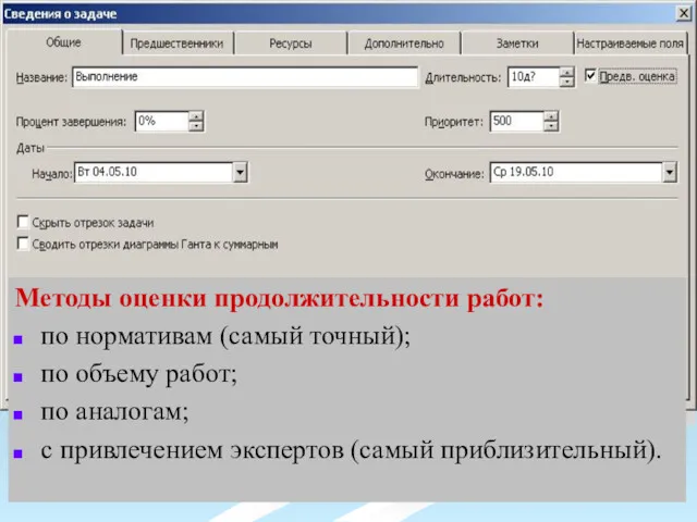 Методы оценки продолжительности работ: по нормативам (самый точный); по объему