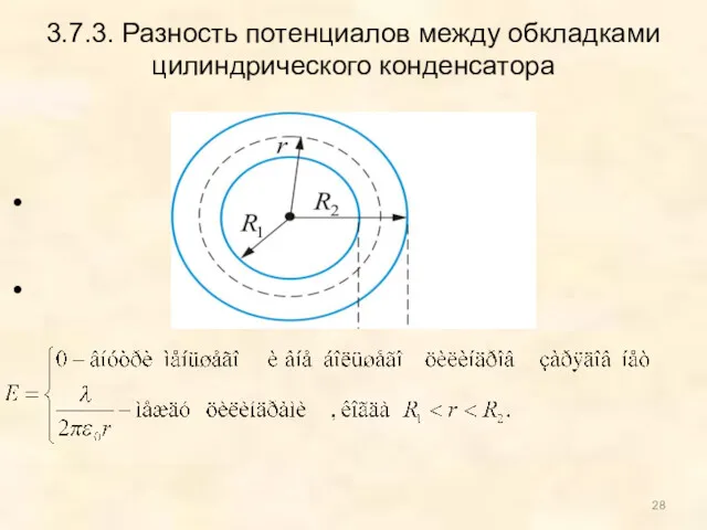 3.7.3. Разность потенциалов между обкладками цилиндрического конденсатора