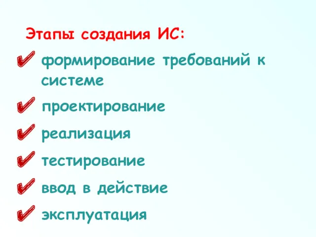 Этапы создания ИС: формирование требований к системе проектирование реализация тестирование ввод в действие эксплуатация