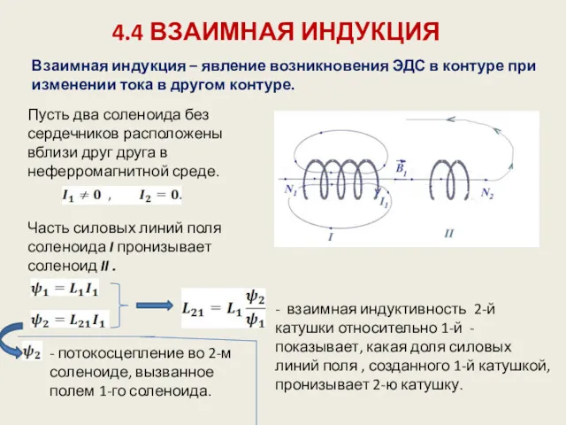 4.4 ВЗАИМНАЯ ИНДУКЦИЯ Взаимная индукция – явление возникновения ЭДС в