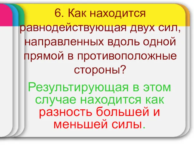 6. Как находится равнодействующая двух сил, направленных вдоль одной прямой