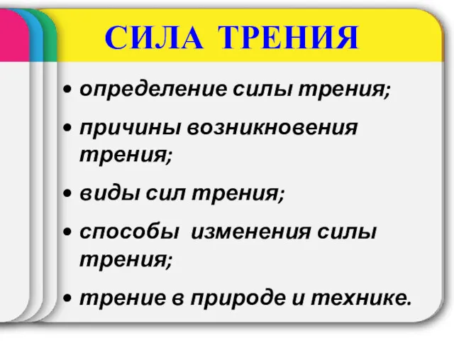 СИЛА ТРЕНИЯ определение силы трения; причины возникновения трения; виды сил