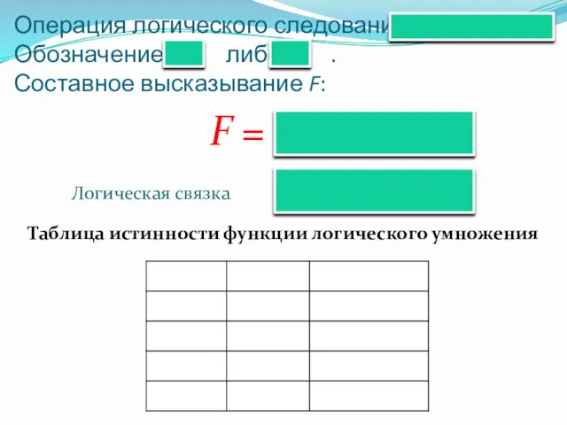 Операция логического следования: Обозначение: либо . Составное высказывание F: F