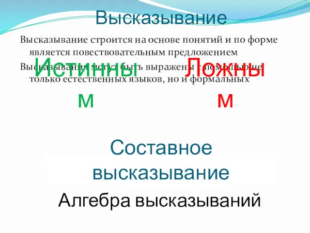 Высказывание Высказывание строится на основе понятий и по форме является