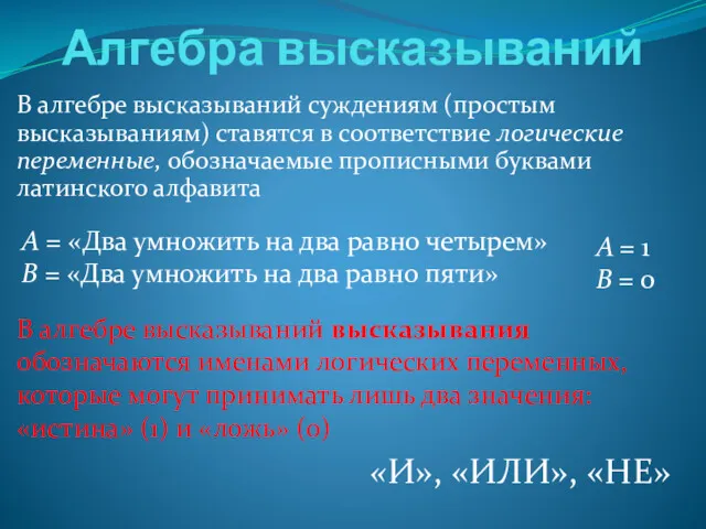 Алгебра высказываний В алгебре высказываний суждениям (простым высказываниям) ставятся в