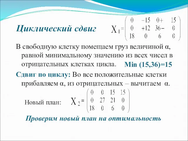 В свободную клетку помещаем груз величиной α, равной минимальному значению