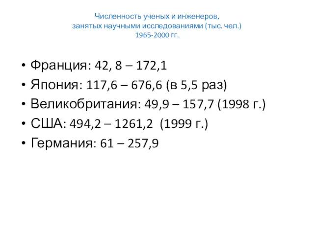 Численность ученых и инженеров, занятых научными исследованиями (тыс. чел.) 1965-2000 гг. Франция: 42,