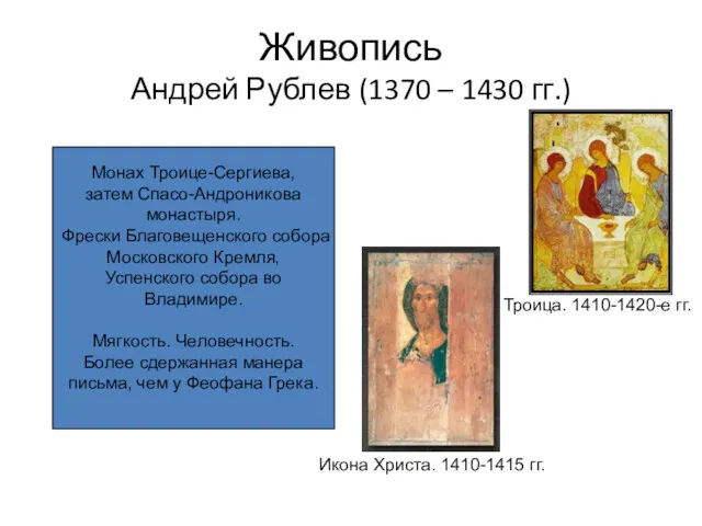 Живопись Андрей Рублев (1370 – 1430 гг.) Троица. 1410-1420-е гг.
