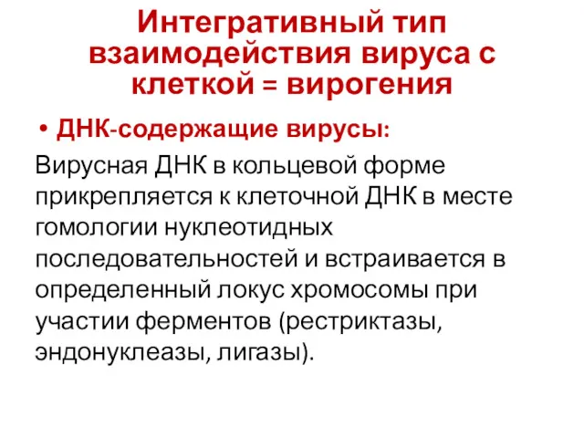 Интегративный тип взаимодействия вируса с клеткой = вирогения ДНК-содержащие вирусы: