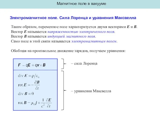 Магнитное поле в вакууме Электромагнитное поле. Сила Лоренца и уравнения