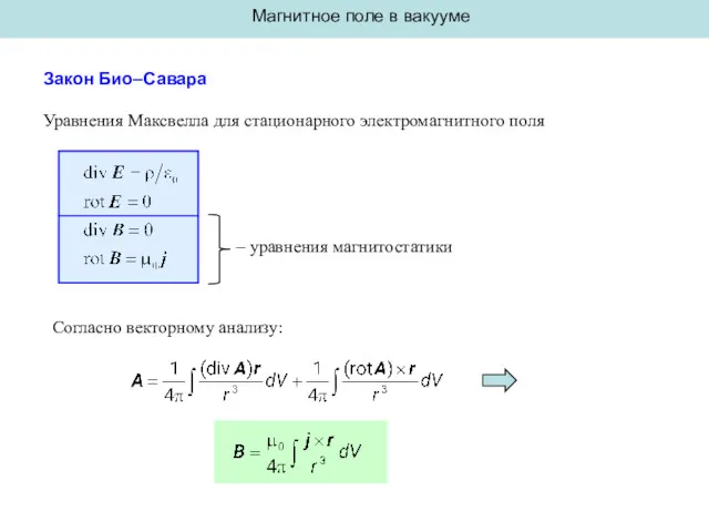 Магнитное поле в вакууме Закон Био–Савара Уравнения Максвелла для стационарного