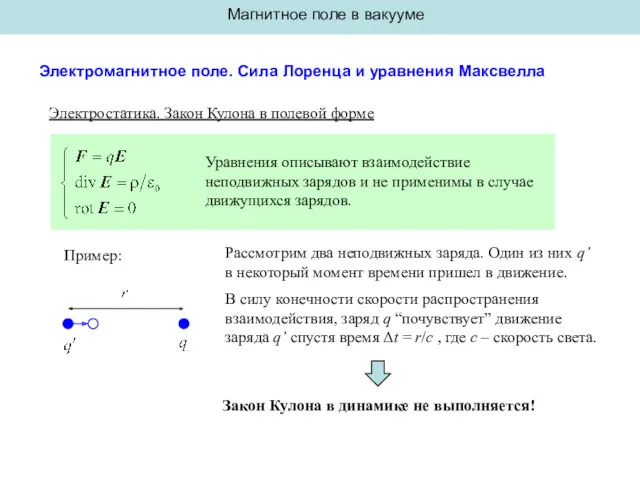 Магнитное поле в вакууме Электромагнитное поле. Сила Лоренца и уравнения