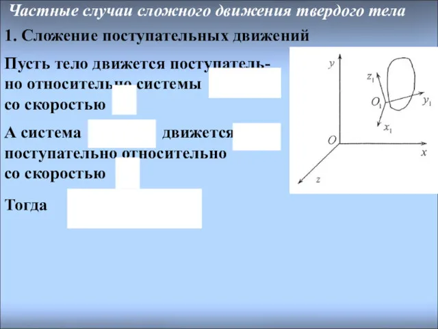 Частные случаи сложного движения твердого тела 1. Сложение поступательных движений Пусть тело движется