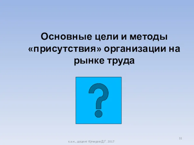 Основные цели и методы «присутствия» организации на рынке труда к.э.н., доцент Кучеров Д.Г. 2017