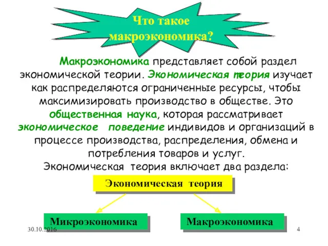 Макроэкономика представляет собой раздел экономической теории. Экономическая теория изучает как