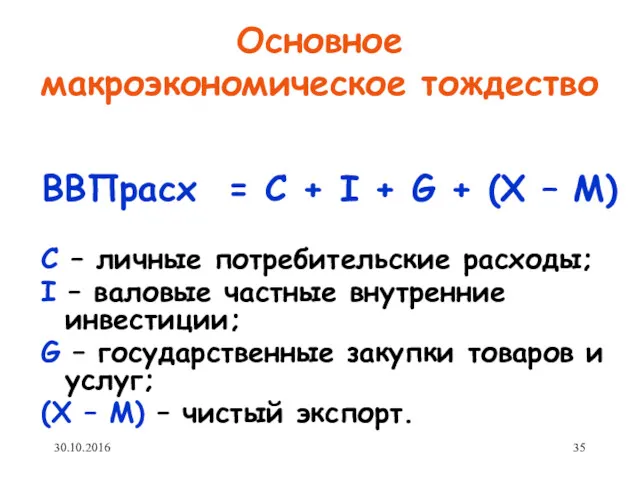 Основное макроэкономическое тождество ВВПрасх = С + I + G