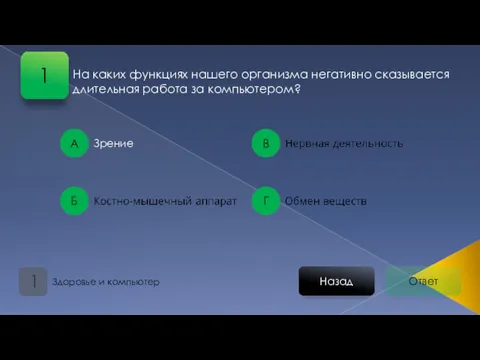 Ответ Назад Здоровье и компьютер 1 А Б В Г