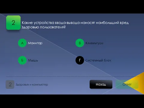 Ответ Назад Здоровье и компьютер 2 А Б В Г