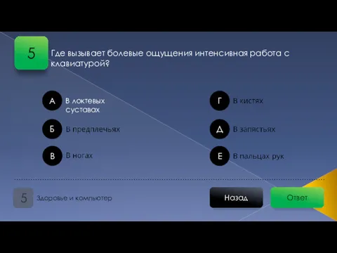 Ответ Назад Здоровье и компьютер 5 Где вызывает болевые ощущения