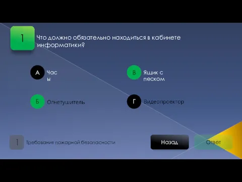 Ответ Назад Требования пожарной безопасности 1 А Б В Г