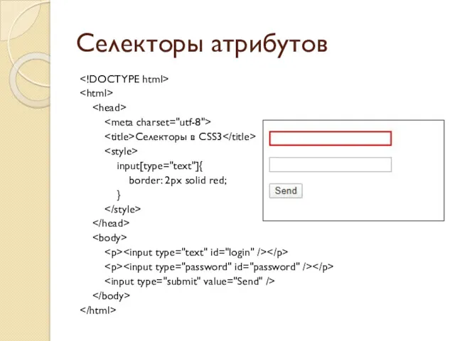 Селекторы атрибутов Селекторы в CSS3 input[type="text"]{ border: 2px solid red; }