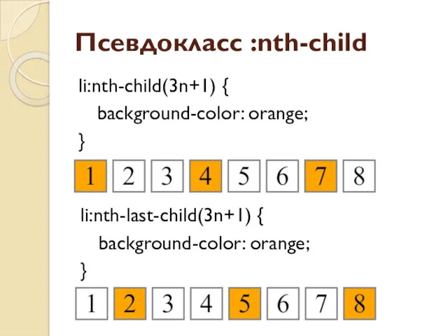 Псевдокласс :nth-child li:nth-child(3n+1) { background-color: orange; } li:nth-last-child(3n+1) { background-color: orange; }