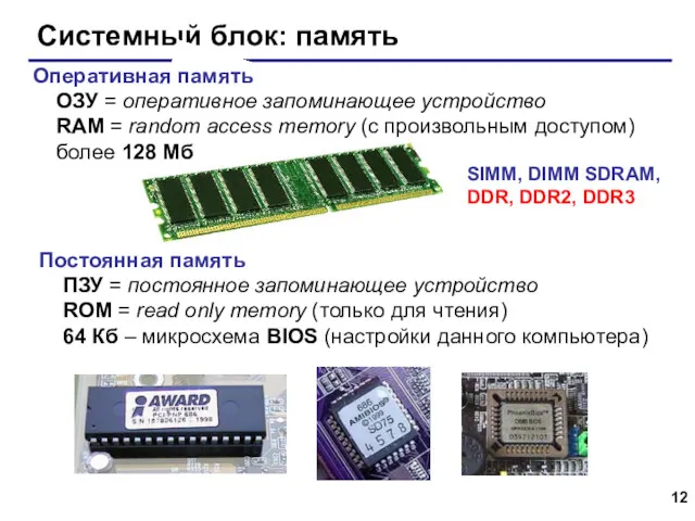 Системный блок: память SIMM, DIMM SDRAM, DDR, DDR2, DDR3 Оперативная