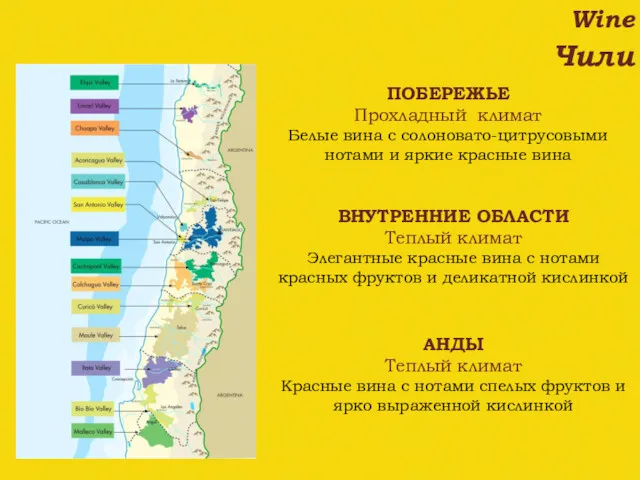 Wine Чили ПОБЕРЕЖЬЕ Прохладный климат Белые вина с солоновато-цитрусовыми нотами