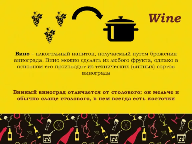 Wine Вино – алкогольный напиток, получаемый путем брожения винограда. Вино