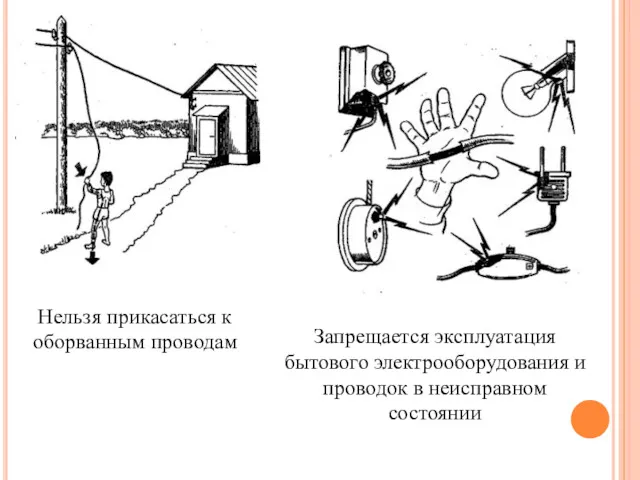 Нельзя прикасаться к оборванным проводам Запрещается эксплуатация бытового электрооборудования и проводок в неисправном состоянии