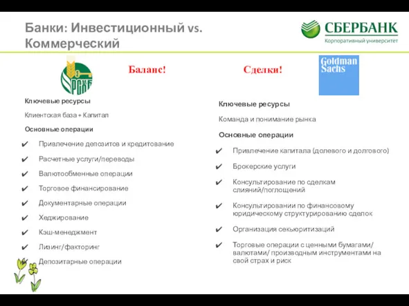 Банки: Инвестиционный vs. Коммерческий Ключевые ресурсы Клиентская база + Капитал