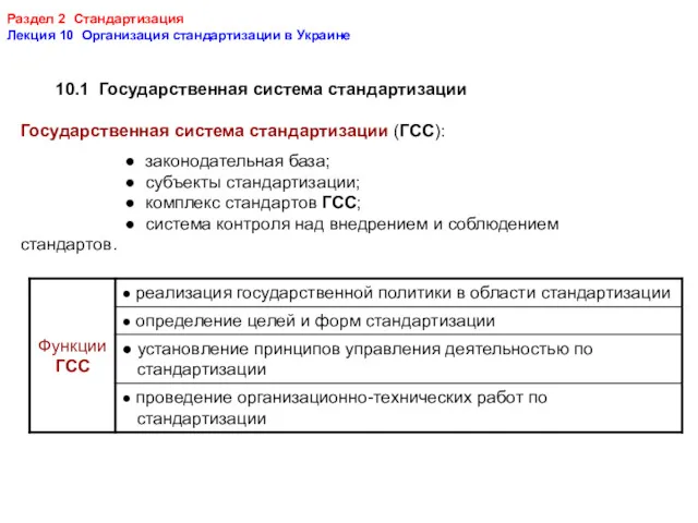 Раздел 2 Стандартизация Лекция 10 Организация стандартизации в Украине 10.1 Государственная система стандартизации