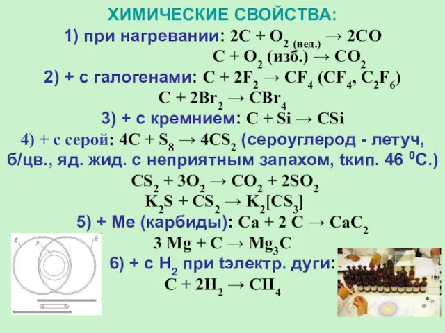 ХИМИЧЕСКИЕ СВОЙСТВА: 1) при нагревании: 2C + O2 (нед.) →