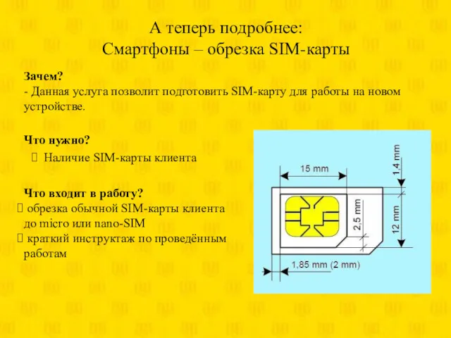 А теперь подробнее: Смартфоны – обрезка SIM-карты Что нужно? Наличие SIM-карты клиента Зачем?