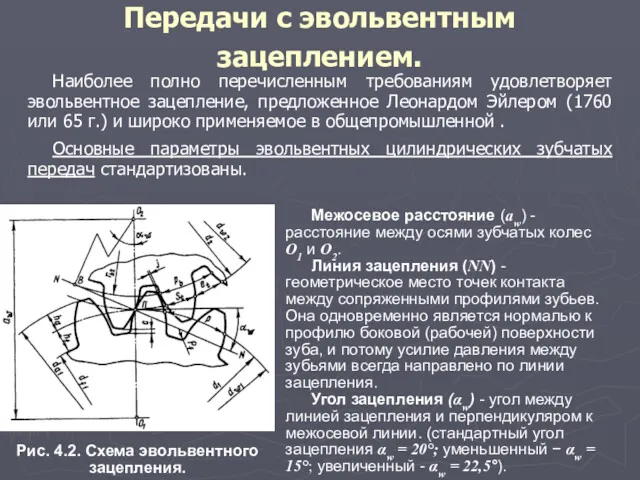 Передачи с эвольвентным зацеплением. Наиболее полно перечисленным требованиям удовлетворяет эвольвентное