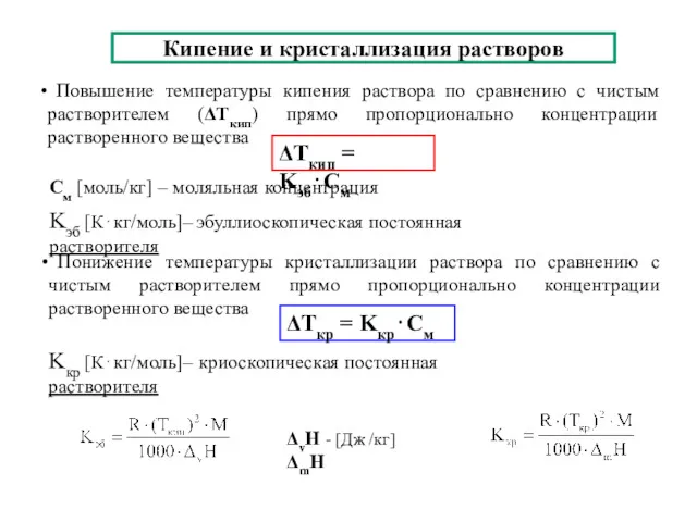 Кипение и кристаллизация растворов Повышение температуры кипения раствора по сравнению