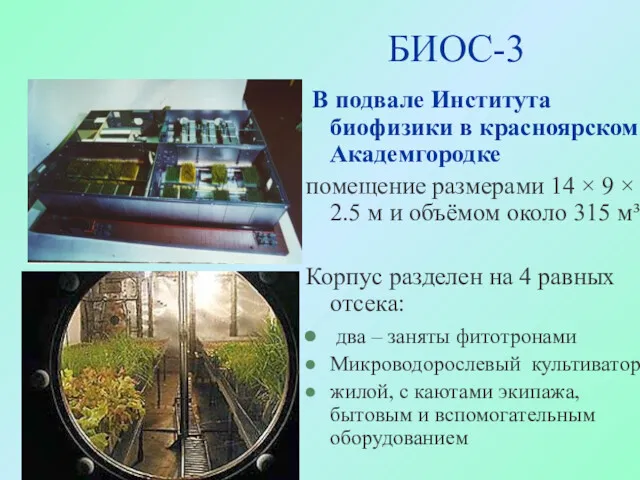 БИОС-3 В подвале Института биофизики в красноярском Академгородке помещение размерами