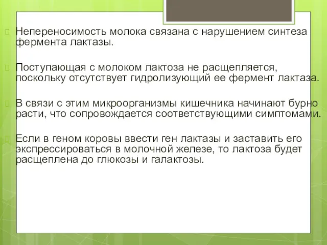 Непереносимость молока связана с нарушением синтеза фермента лактазы. Поступающая с