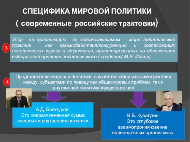 СПЕЦИФИКА МИРОВОЙ ПОЛИТИКИ ( современные российские трактовки) Упор на организацию