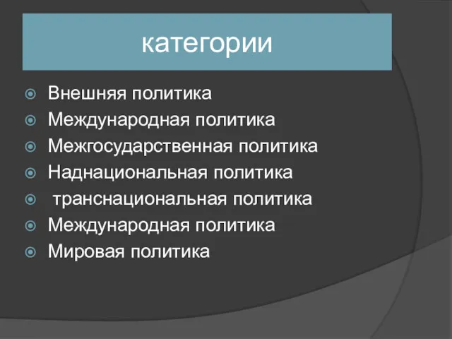 категории Внешняя политика Международная политика Межгосударственная политика Наднациональная политика транснациональная политика Международная политика Мировая политика