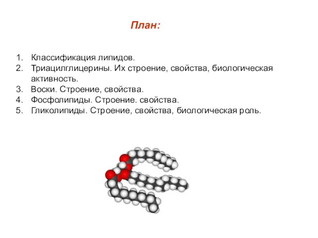 План: Классификация липидов. Триацилглицерины. Их строение, свойства, биологическая активность. Воски. Строение, свойства. Фосфолипиды.