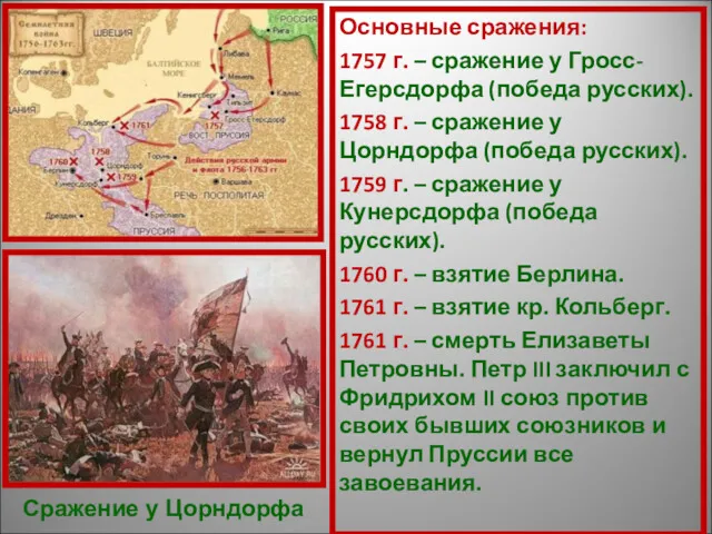 Основные сражения: 1757 г. – сражение у Гросс-Егерсдорфа (победа русских).