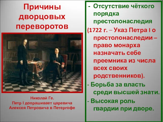 Причины дворцовых переворотов Отсутствие чёткого порядка престолонаследия (1722 г. –