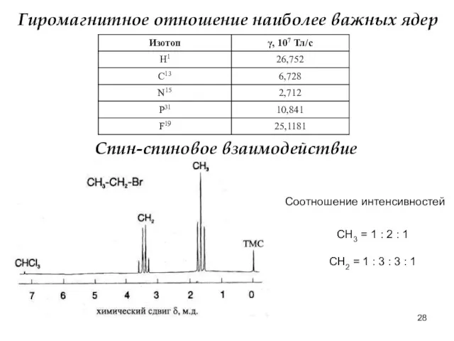 Гиромагнитное отношение наиболее важных ядер Спин-спиновое взаимодействие Соотношение интенсивностей СН3